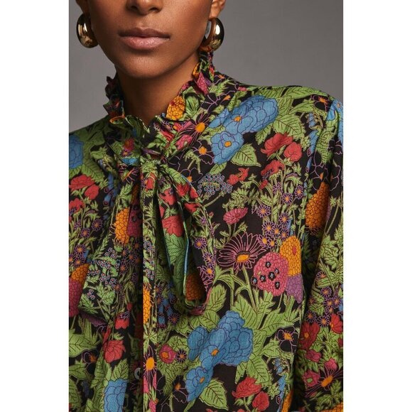 💕MILLE RESORT & TRAVEL ANTHROPOLOGIE💕 Blair Blouse ~ Tie Neck Green Motif XS - Picture 6 of 14